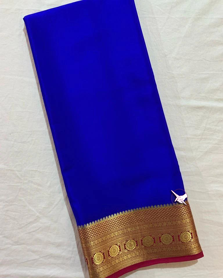 Exclusive Zari Border Deep Blue  Mysore Silk Saree.