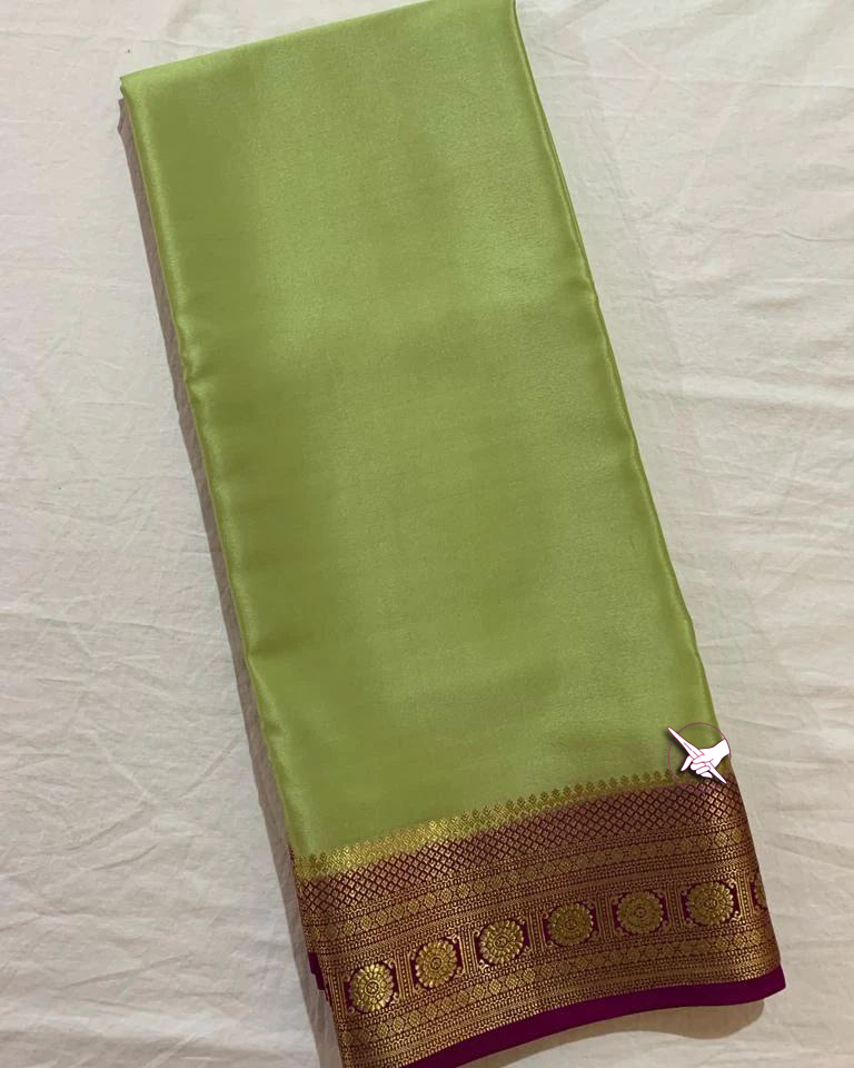 Exclusive Zari Border Pista-nd-Wine Mysore Silk Saree.