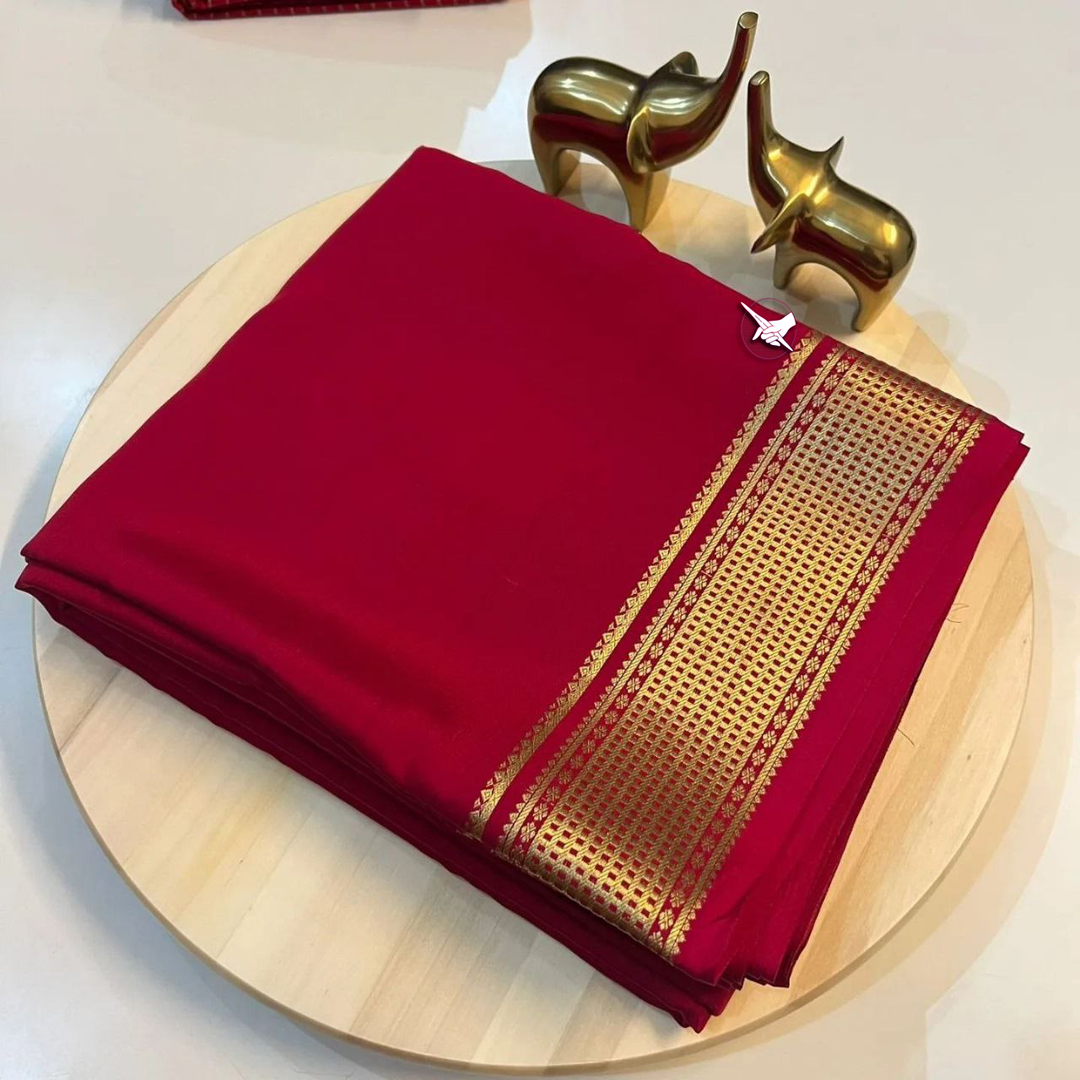 Exclusive Zari Border Red Colour Plain Mysore Silk Saree.