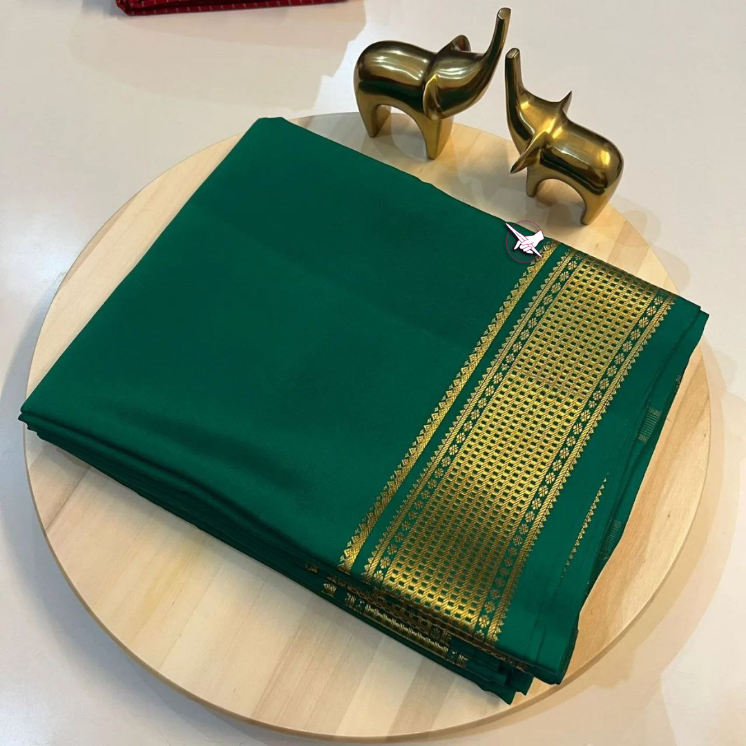 Attractive Green Mysore Crepe Saree Zari Border Party Look Silk Saree