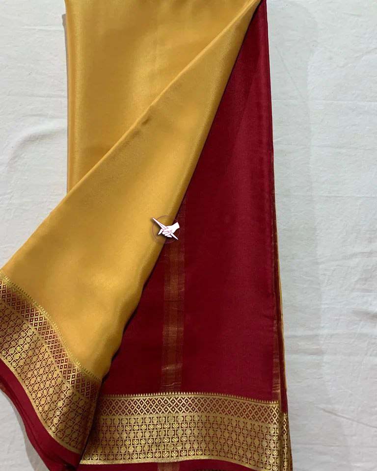 Exclusive  Zari Border Lemon nd Red Colour Plain Mysore Silk Saree.