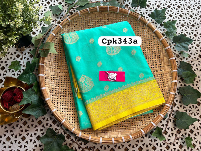 Radiant Yellow And Teal Handloom Soft Silk Saree For Party And Wedding Wear