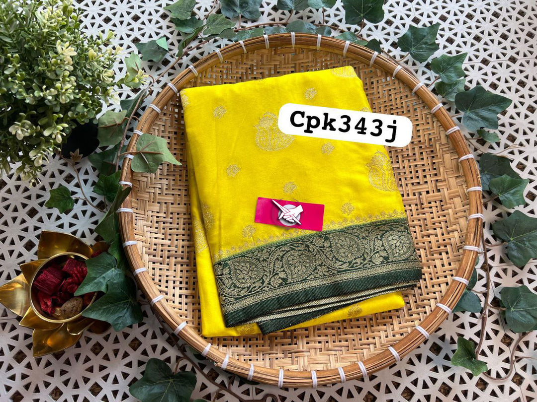Elegant Yellow And Green Viscose Soft Silk Saree With Fine Weaving Work
