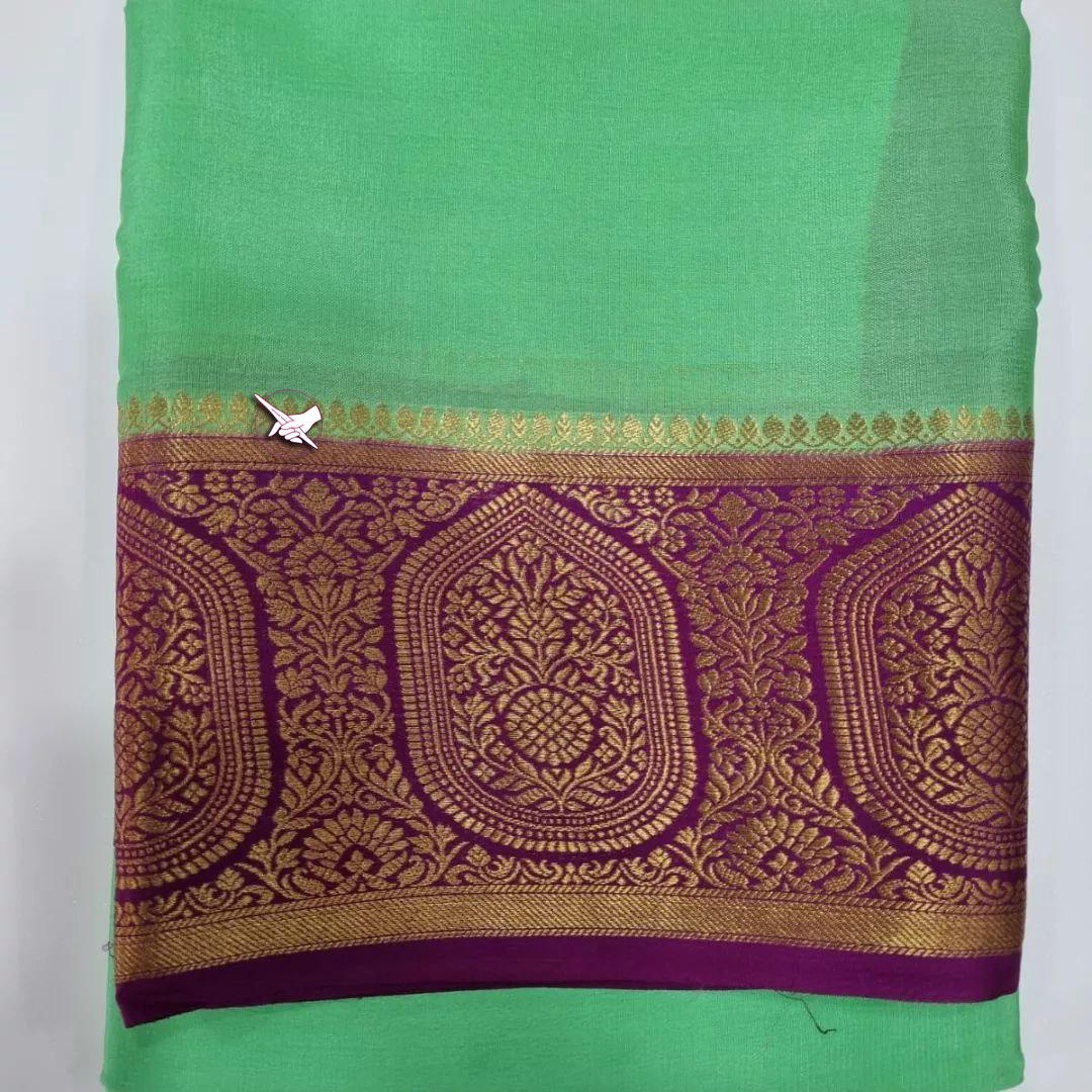Exclusive Zari Border Green  With Purple Colour Plain Mysore Silk Saree.