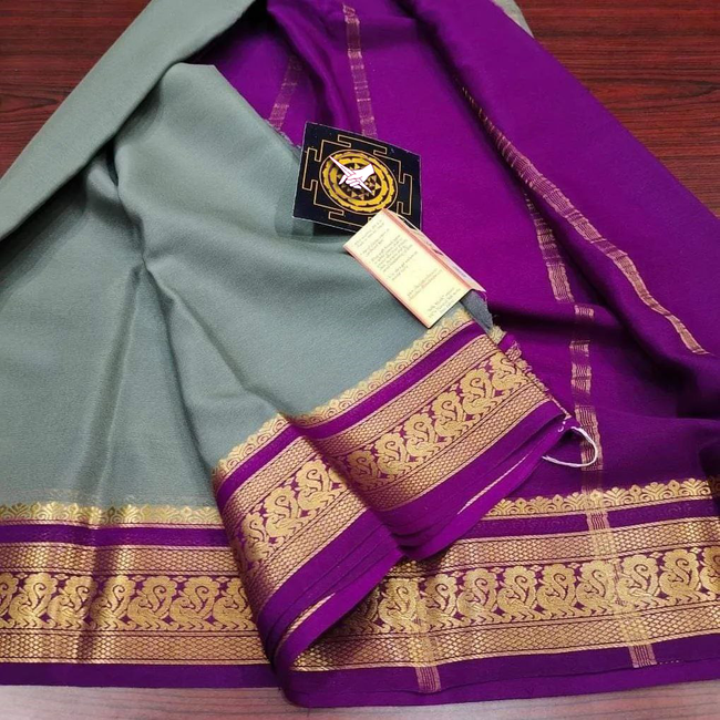 Exclusive  Zari Border Silver   With Purple Colour Plain Mysore Silk Saree.