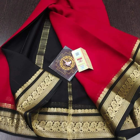 Exclusive Zari Border Silver Red  With Black Colour Plain Mysore Silk Saree.