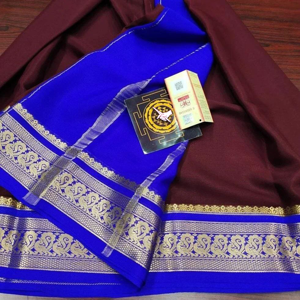 Exclusive  Zari Border Purple  With Blue Colour Plain Mysore Silk Saree.