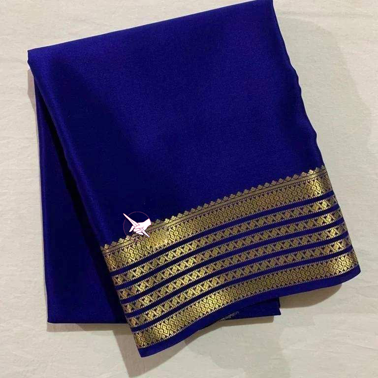 Heritage Mysore Silk Saree Blue Plain Look With Zari Border Blouse Fabric