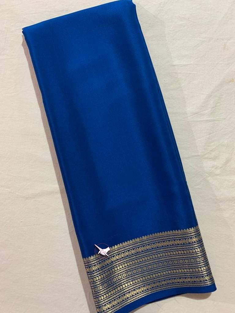 Royal Blue Rich Mysore Silk Saree Plain With Soft Finish Zari Border And Blouse Piece