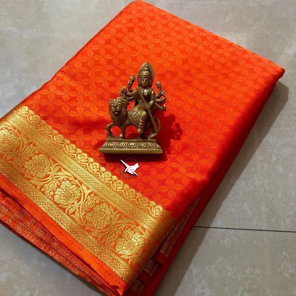 Occasion Wear Orange Mysore Plain Silk Saree With Contrast Zari Border And Blouse