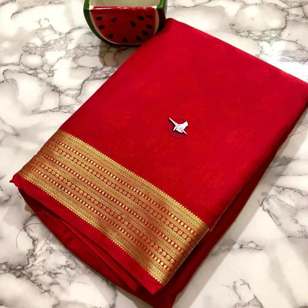 Red Mysore Crepe Silk Weaving Work Saree