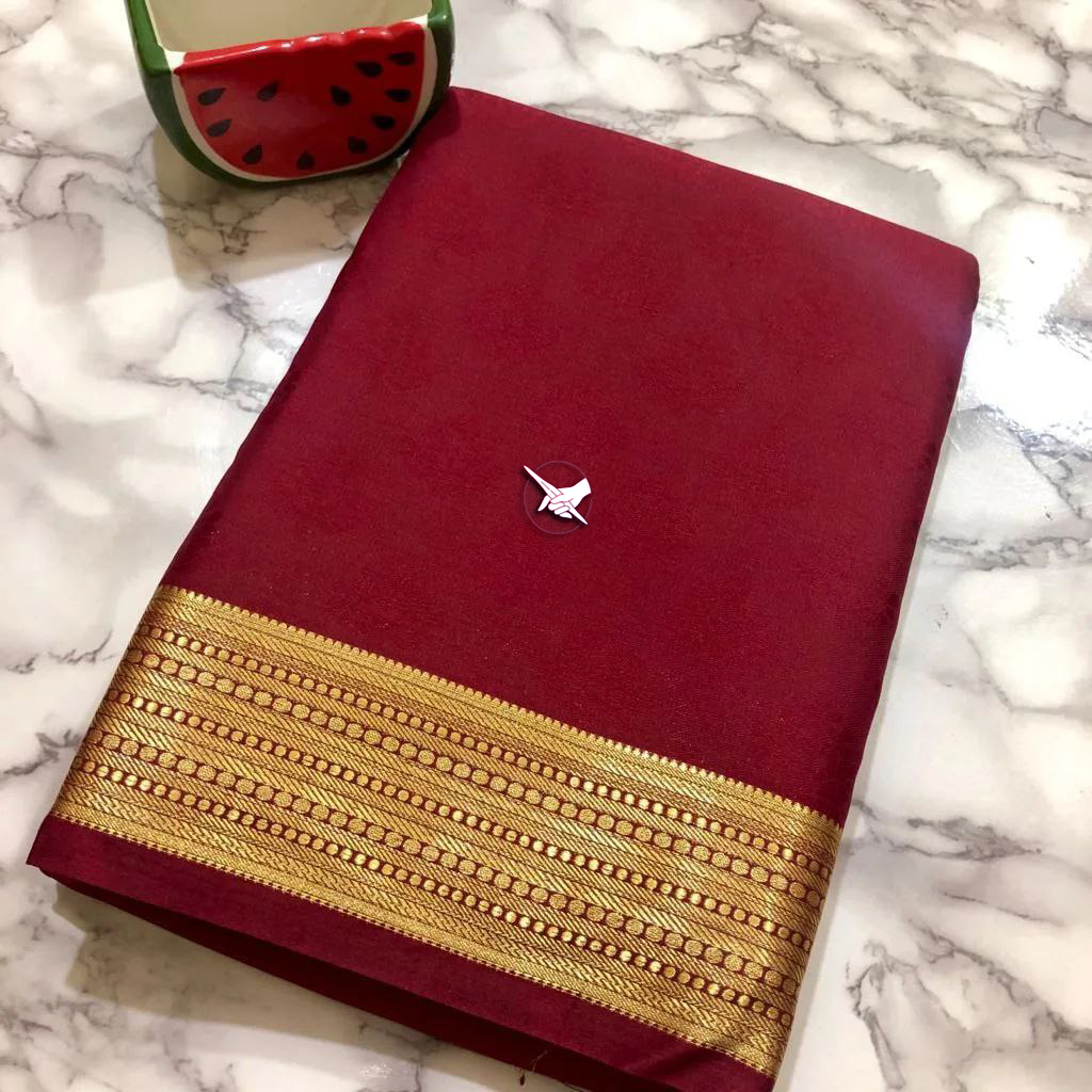 Lustrous Maroon Mysore Silk Saree Plain Weave With Decorative Zari Border And Blouse