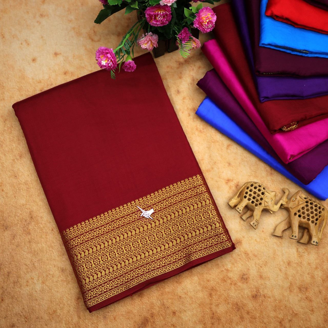 Maroon Plain Soft Silk Mysore Saree With Rich Zari Border And Attached Blouse Piece