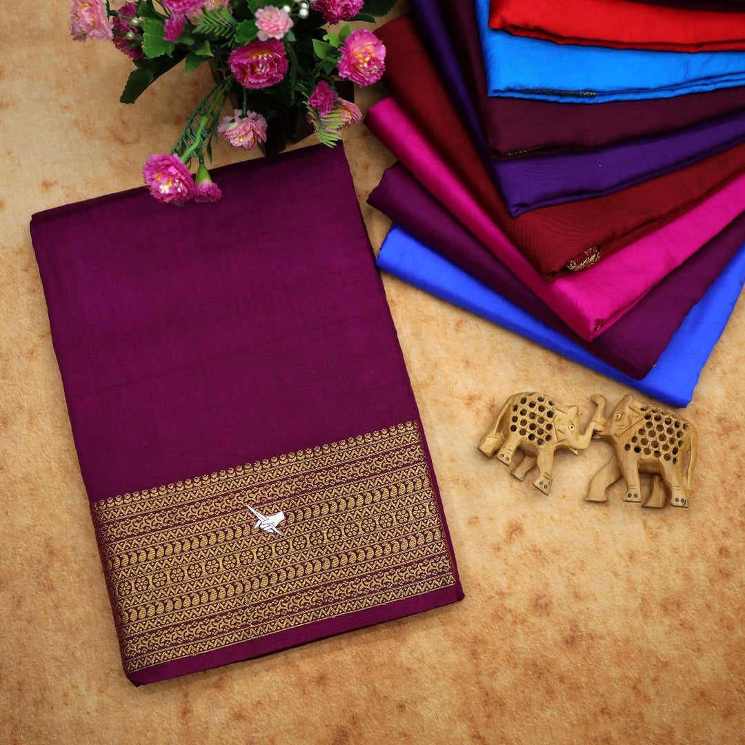 Premium Mysore Soft Silk Saree Purple Plain Look With Designer Zari Border Blouse