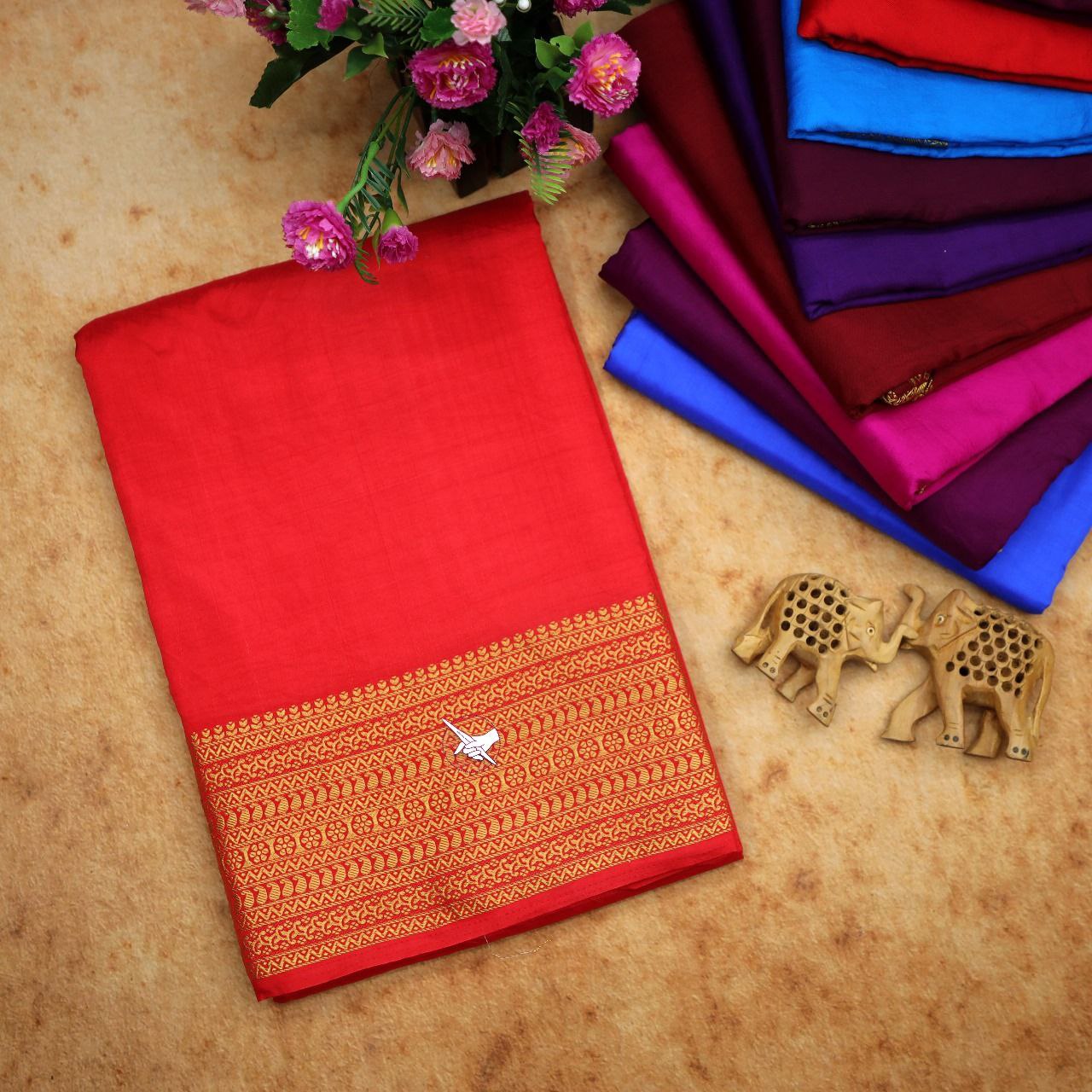 Traditional Red Mysore Silk Plain Saree With Contrast Zari Border And Blouse