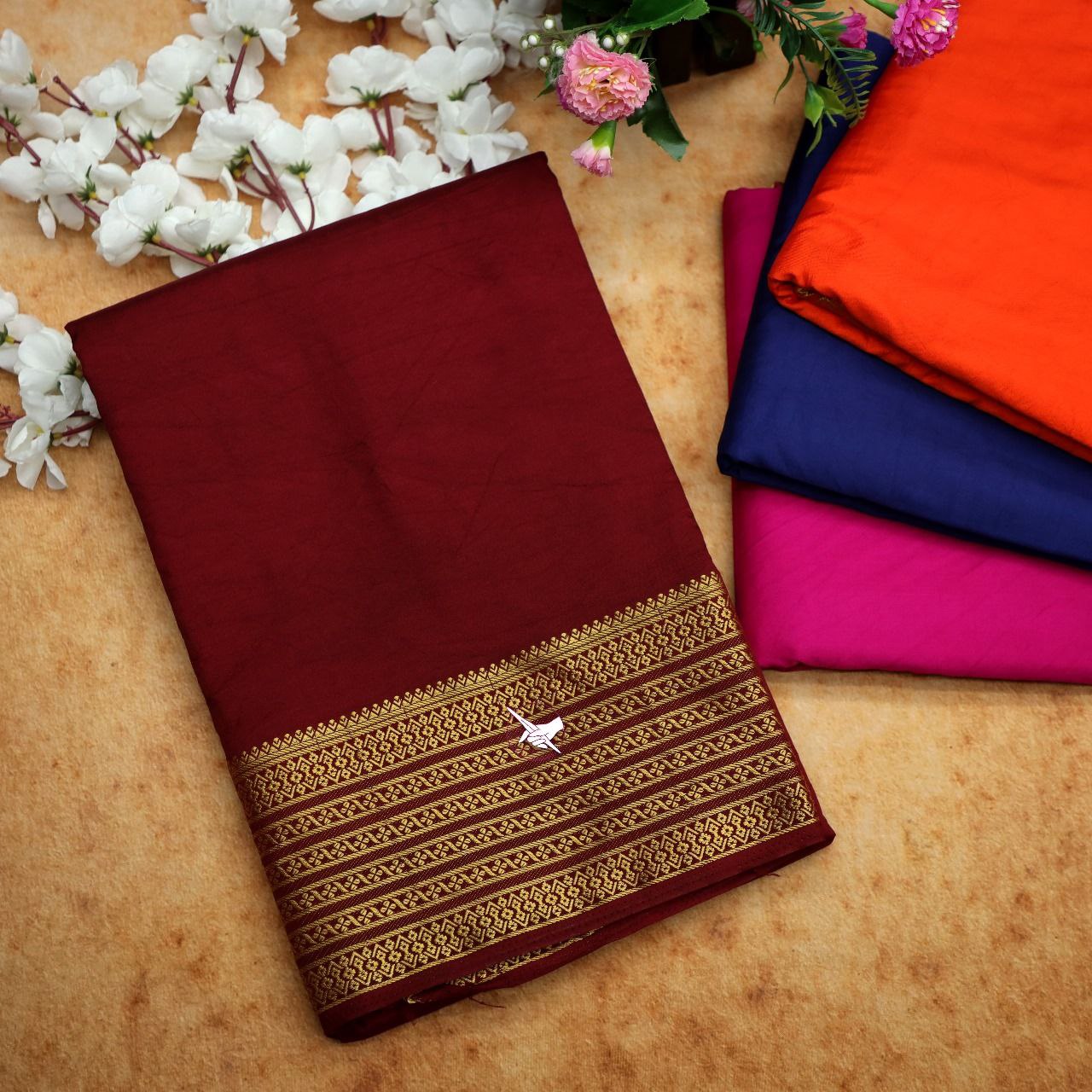 Solid Color Mysore Pure Silk Saree In Maroon Slim Zari Border And Plain Body