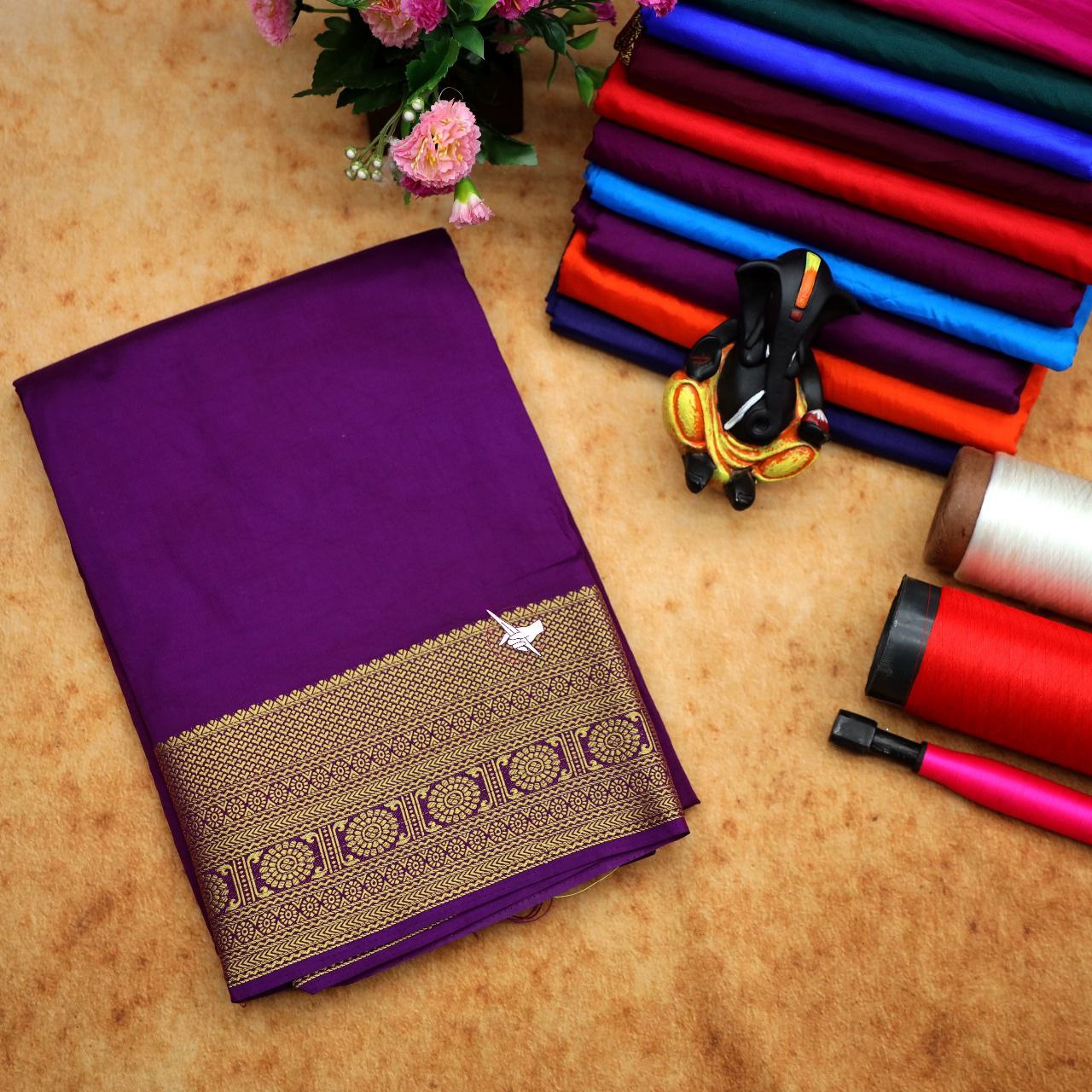 Soft And Sleek Mysore Silk Saree In Purple With Tiny Zari Border Pure Silk Drape