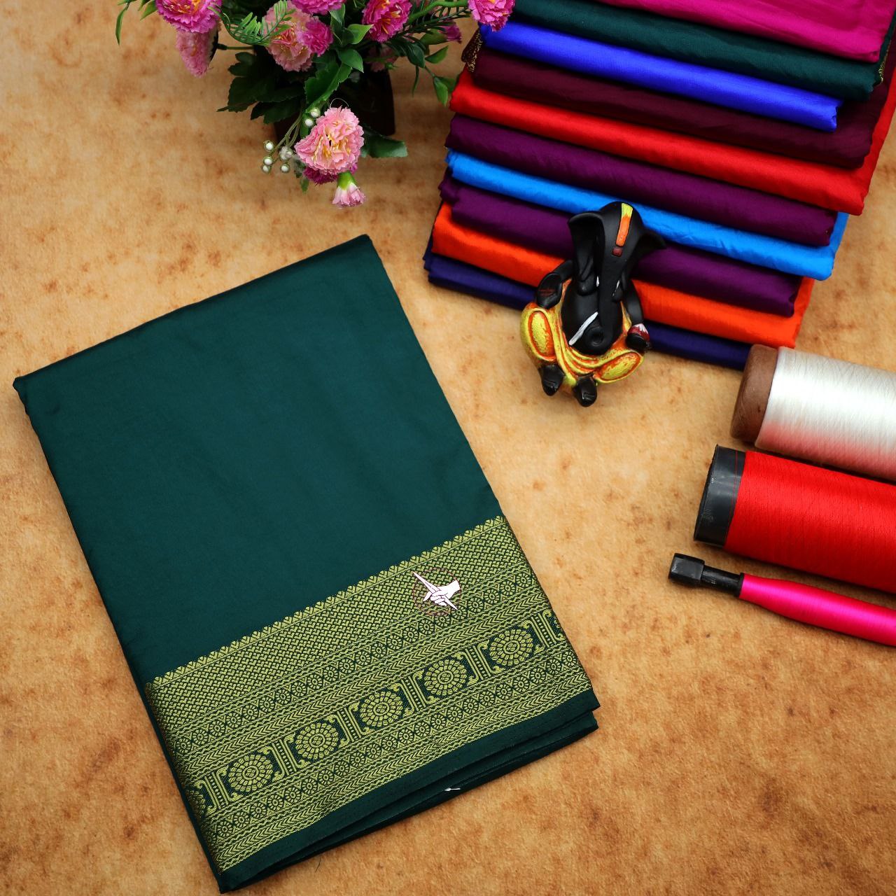 Green Pure Mysore Silk Saree With Lightweight Feel And Slim Zari Border Design