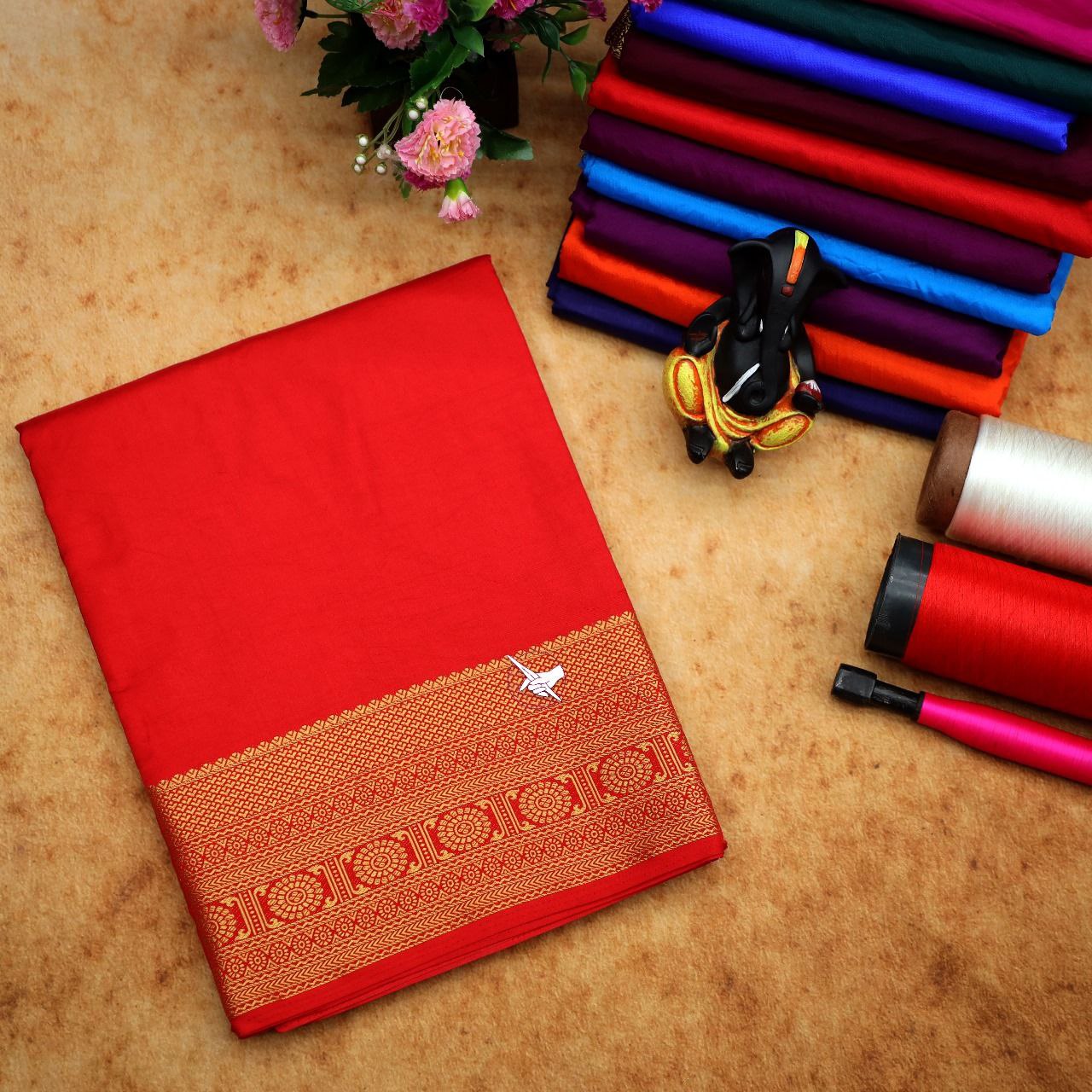 Premium Red Plain Pure Mysore Silk Saree With Delicate Zari Trim On Border
