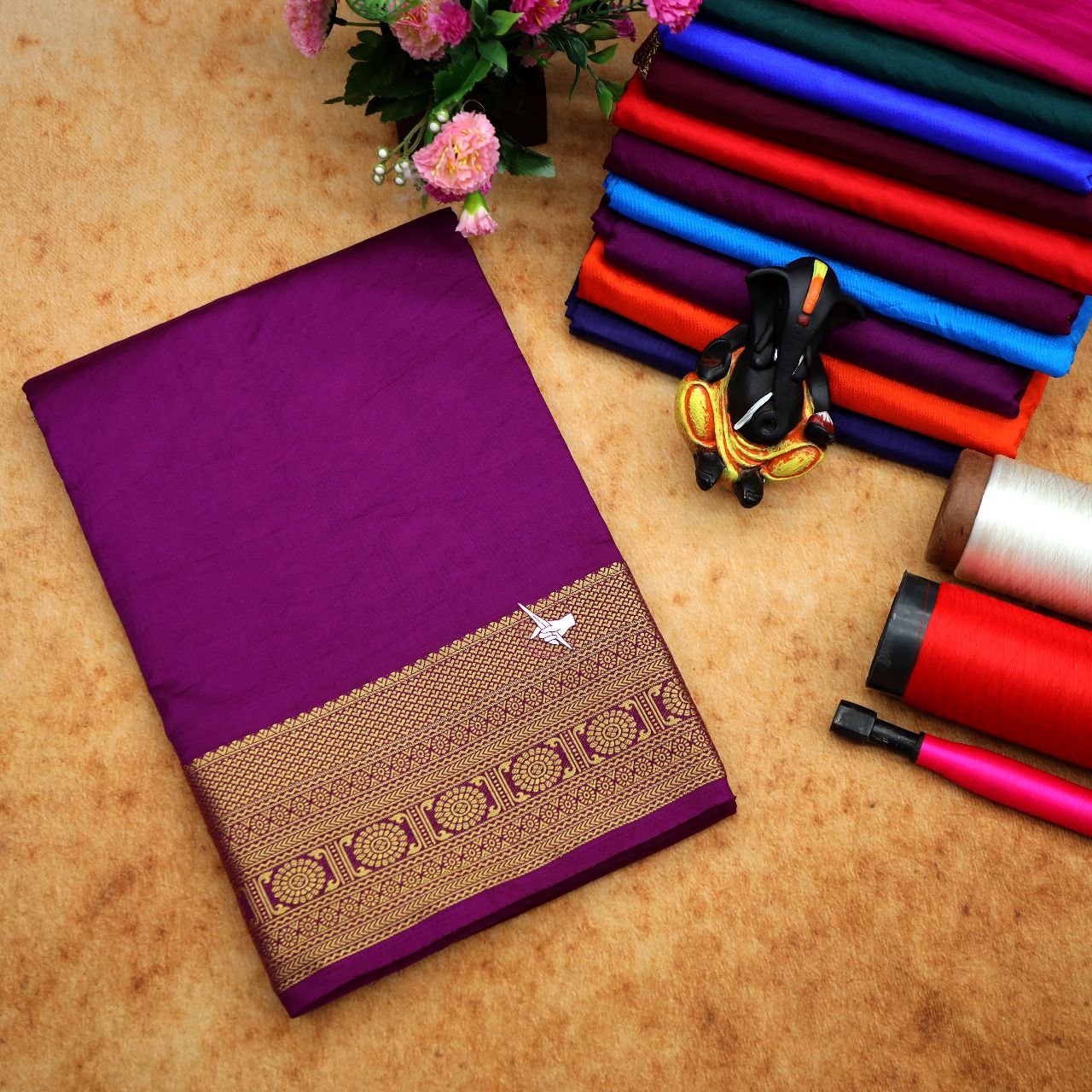 Light Purple Pure Silk Mysore Saree With Solid Body And Light Zari Woven Border