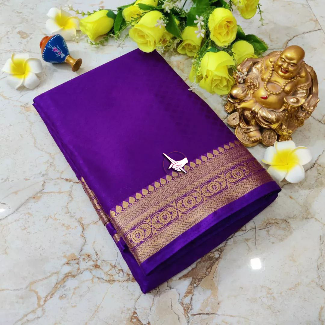 Soft And Sleek Purple Mysore Crepe Silk Saree With Subtle Border And Blouse Fabric