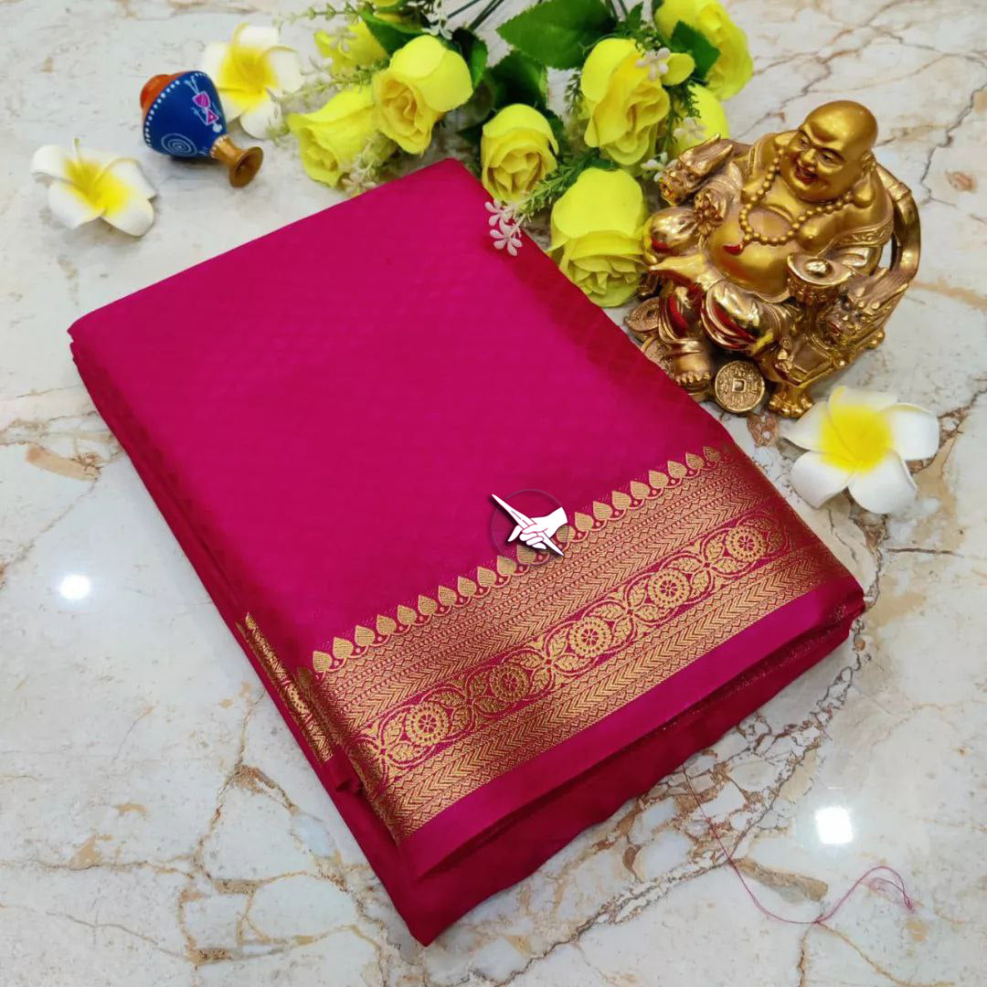 Stylish Plain Mysore Crepe Silk Saree In Rose Gold With Sleek Border And Fancy Blouse
