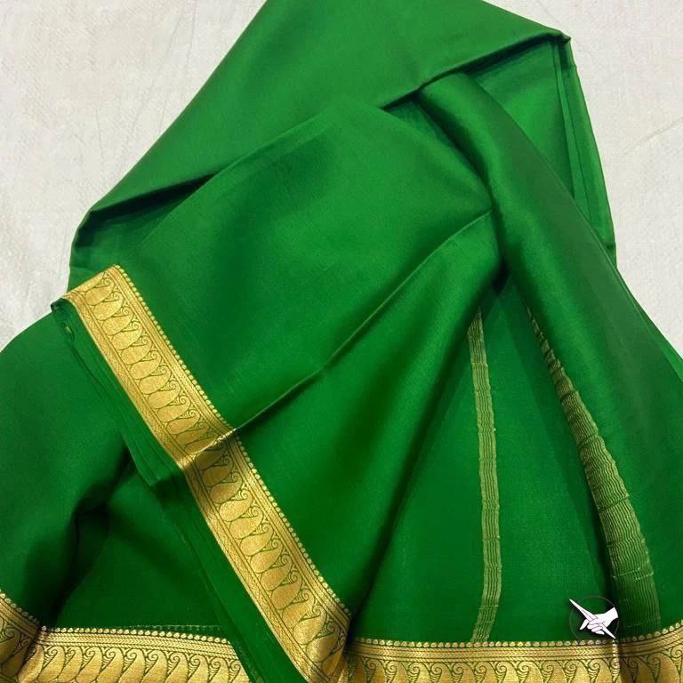 Chic Mysore Pure Crepe Silk Saree Light Green Small Border And Designer Blouse Combo