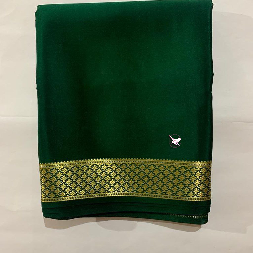 Premium Green Plain Crepe Silk Saree Mysore Weave With Contrast Border And Blouse