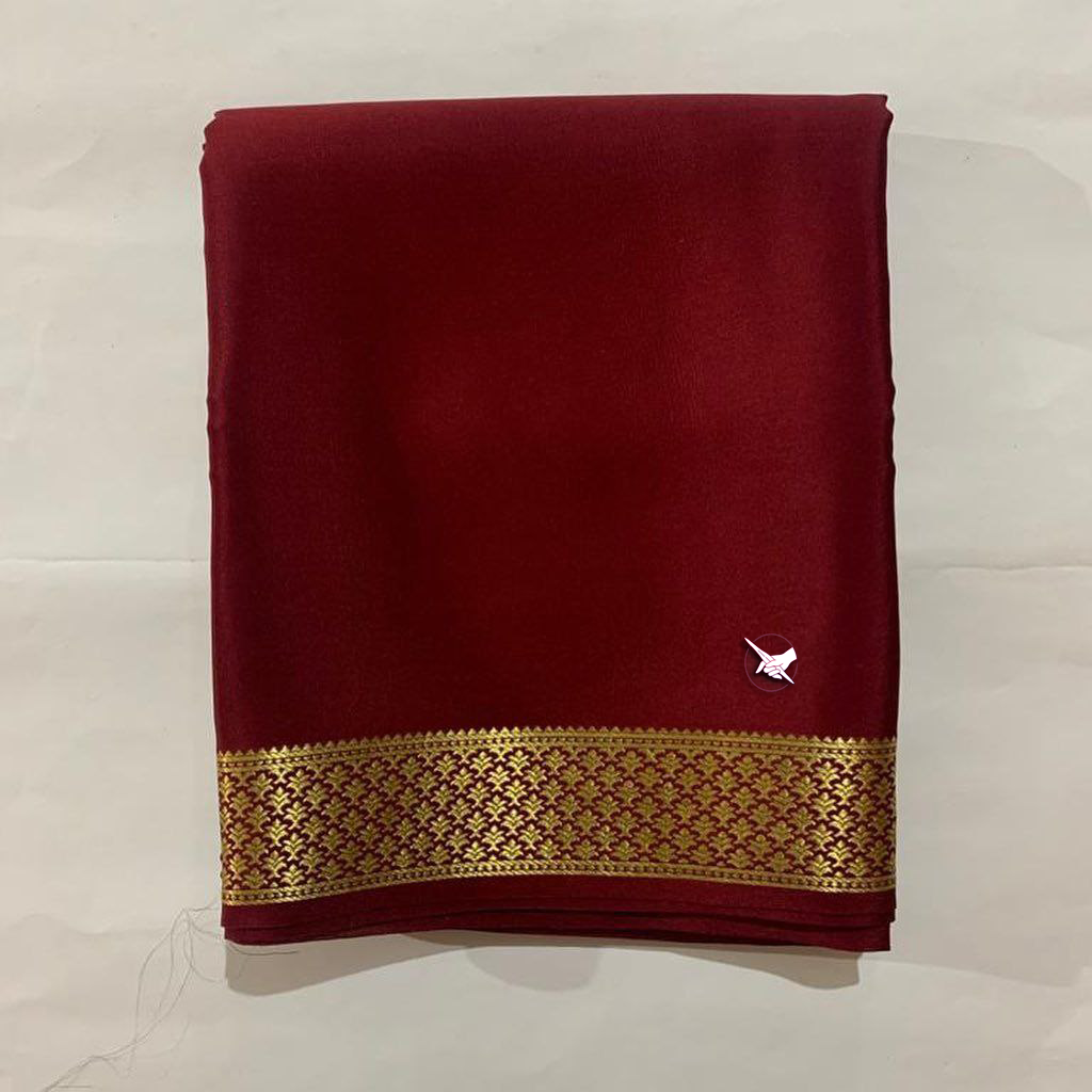 Classic Mysore Crepe Silk Saree Maroon Small Border And Fancy Blouse Fabric