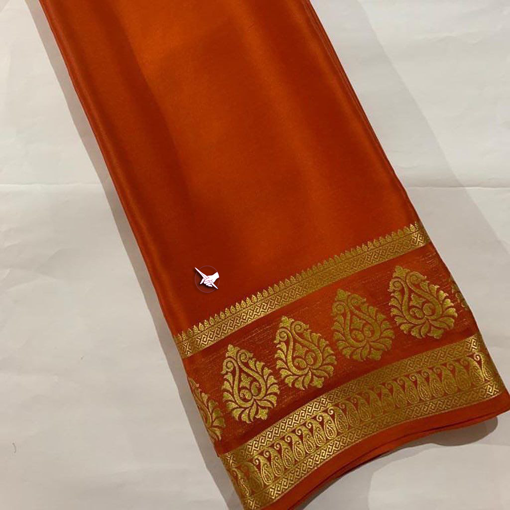 Exclusive  Zari Border Orange   Plain Mysore Silk Saree.
