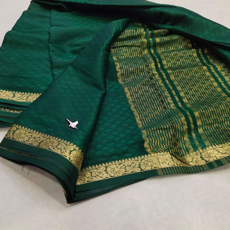 Exclusive  Zari Border Green Plain Mysore Silk Saree.