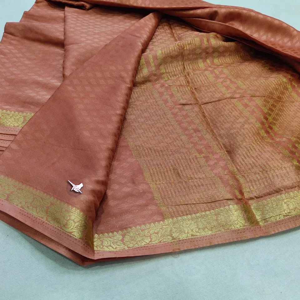 Exclusive  Zari Border Peach Plain Mysore Silk Saree.