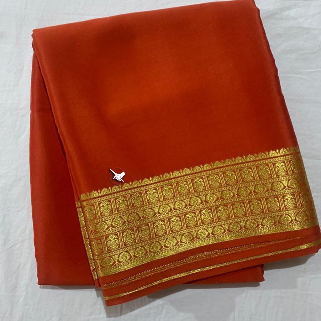 Exclusive  Zari Border Orange  Plain Mysore Silk Saree.
