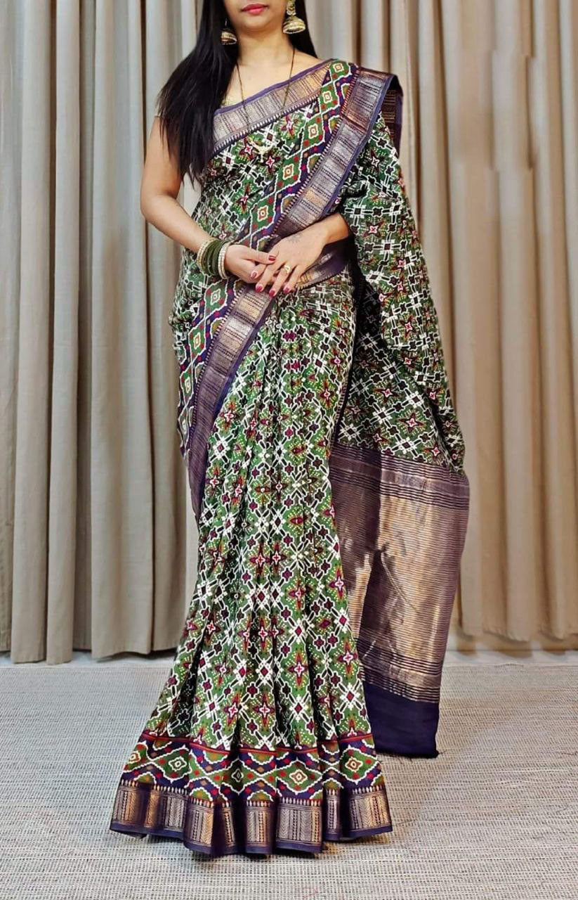 Elegant Pochampalli Print Handloom Soft Silk Saree With Designer Blouse