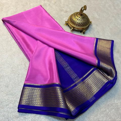 Exclusive Zari Border White with Pink  Colour Plain Mysore Silk Saree.