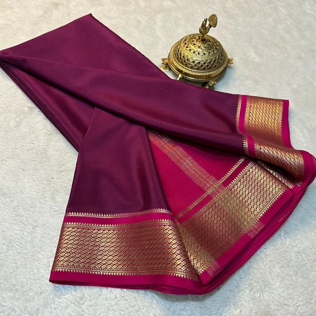 Exclusive  Zari Border  purple with Red   Colour Plain Mysore Silk Saree.