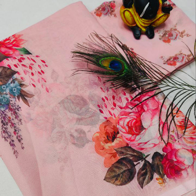 Georgette Fabric Digital Floral Print Pink Saree