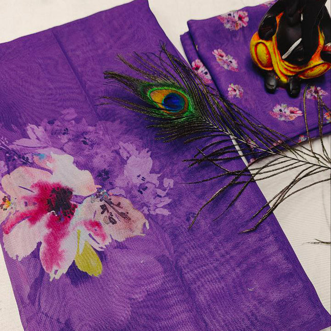 Georgette Fabric Digital Floral Purple Pink Saree