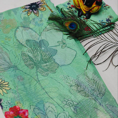 Georgette Fabric Digital Floral Purple Sea Green Saree