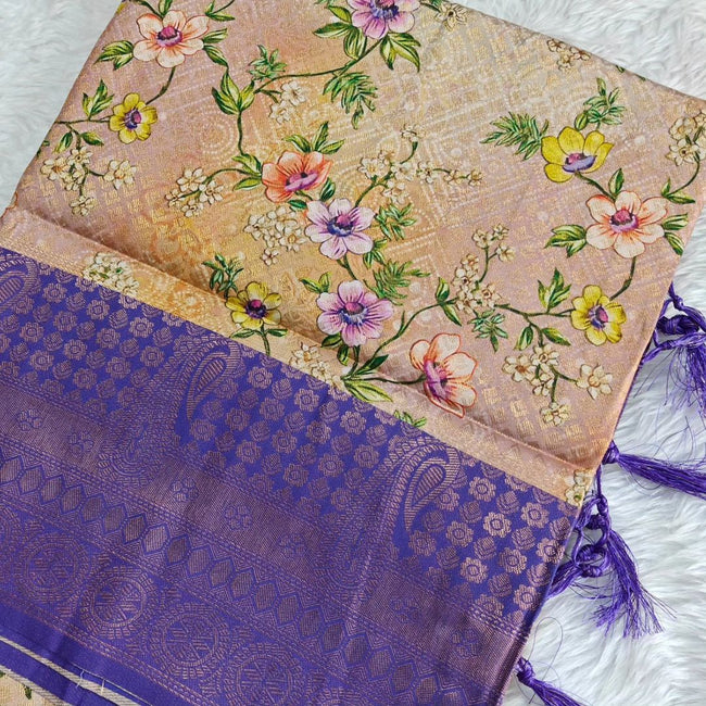 Grey with blue Color Digital Printed Function Wear Soft Silk Saree