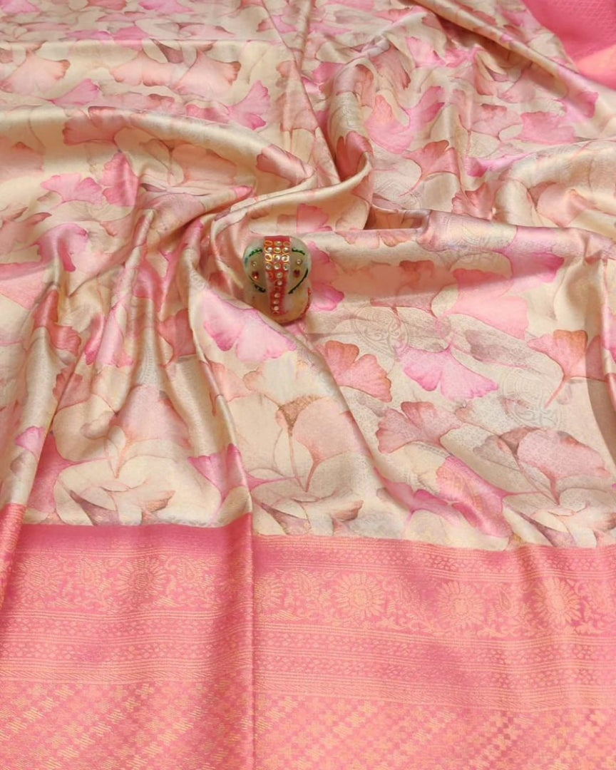 Refined Yellow And Peach Soft Silk Saree Exclusive Digital Art Print