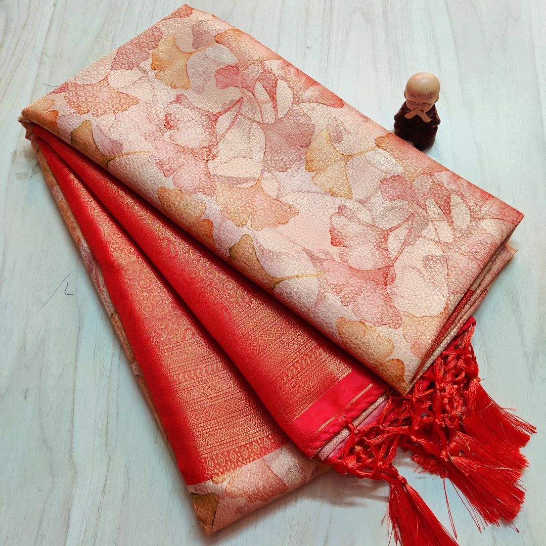 Enchanting Peach Soft Silk Saree With Vibrant Digital Work