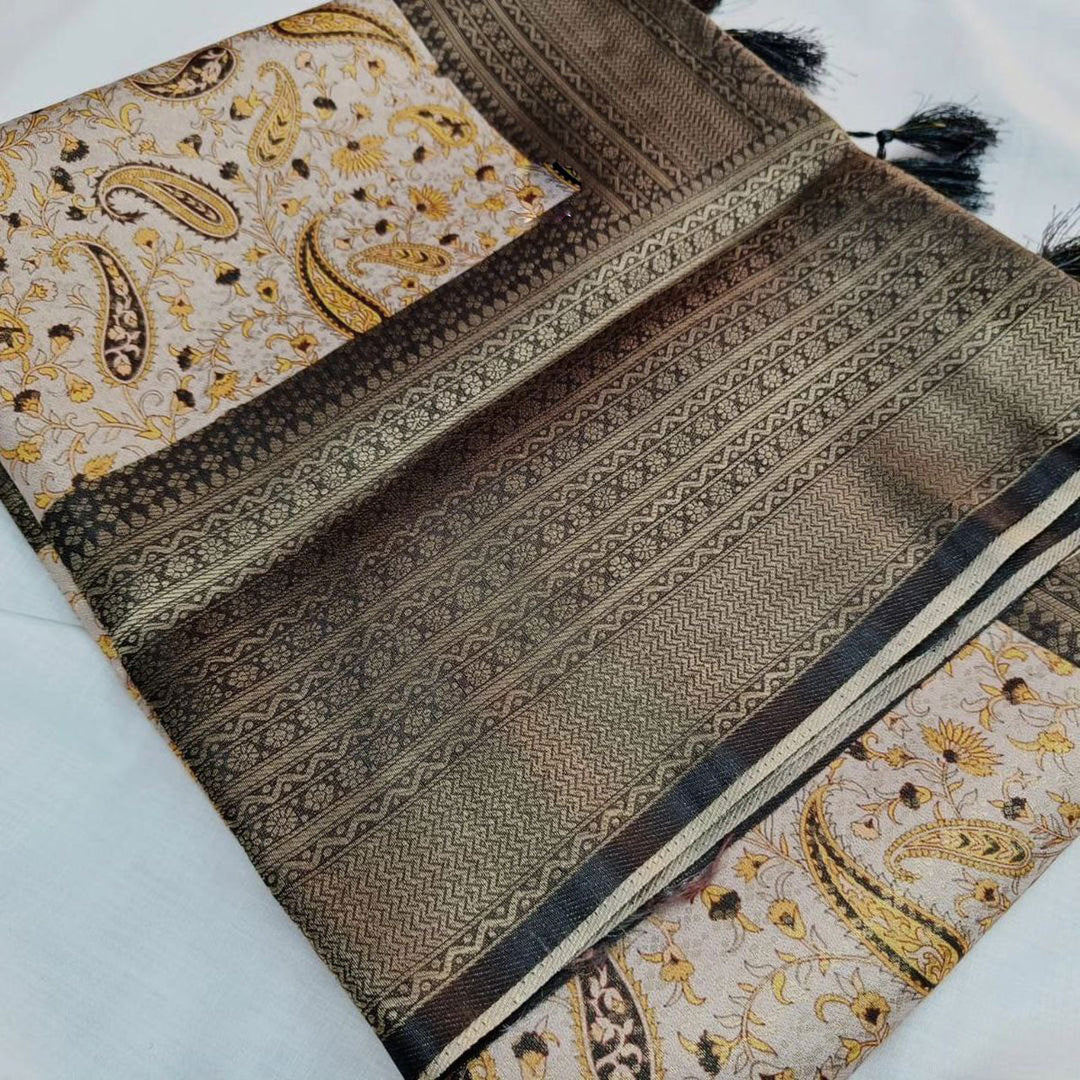 Black Charm Soft Silk Printed Saree Paired With Fancy Blouse