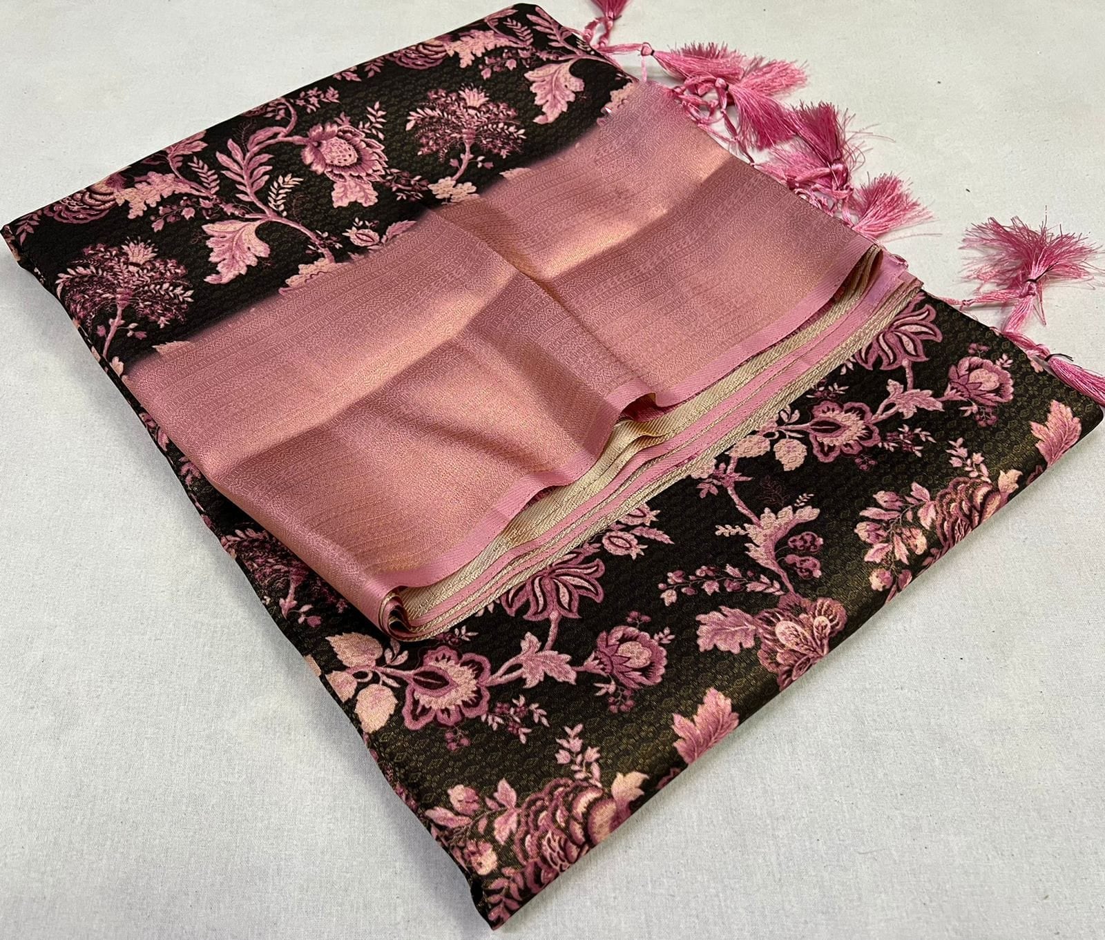 Royal Pink Soft Silk Digital Print Saree With Kubera Pattu Touch